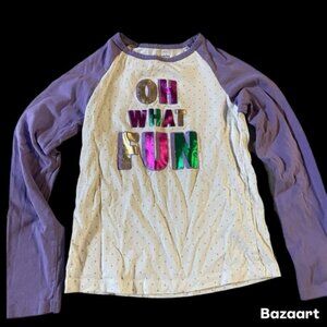 Sz 6 Girl Long Sleeve Rainbow Foil "Oh What Fun"  Purple White Polka Dot Tshirt